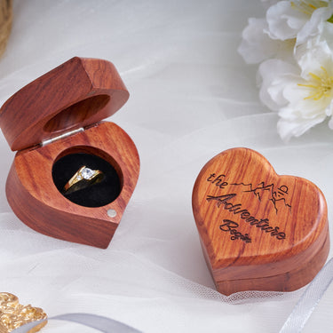 MONYCraft Ring Box Heart - Rustic Engagement Ring Box Handmade Wooden Ring Box Engraved with Proposal - The Adventure Begin
