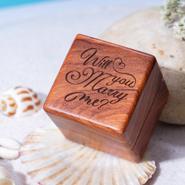 Ring Box Wood - Handmade Wooden Ring Box Engagement For her and Him, Rustic Vintage Ring Bearer Box, Wooden Ring Box for Anniversary (Will You Marry Me - Square)