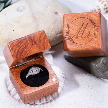 Mr. and Mrs. Ring Box – Handmade Wood Ring Box for Wedding day Ring Boxes Small Engraved for Engagement/Proposal, Rustic Ring Box, Ring Storage Box Engagement Gift (Wood Ring Box - Flower 2 PCs)