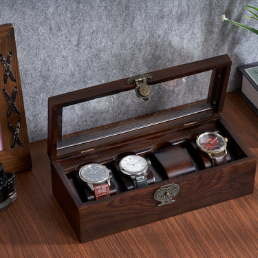 HandicraftViet 4-Slot Wooden Watch Box for Men - Customizable Storage with 4 Watch Compartments, Removable Pillows, and Superb Craftsmanship, A Gift to Treasure, Jewelry Box of Distinction (S6).