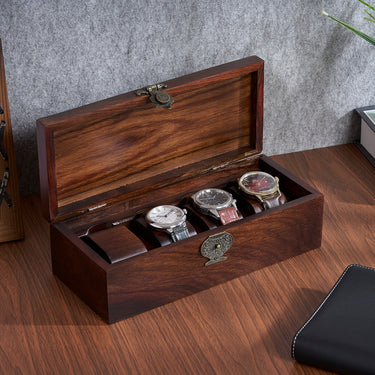 HandicraftViet 4-Slot Wooden Watch Box for Men: Personalized Storage Excellence with 4 Watch Compartments, Watch Display Case, Removable Cushions, and Precise Craftsmanship - A Thoughtful Gift for Those You Hold Dear, an Opulent Jewelry Box.(S5)