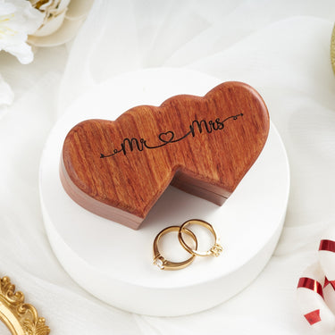 Ring Box Mr and Mrs – Handmade Heart Shape Ring Box for Wedding Ceremony, Wedding Ring Box Small Engraved for Engagement/Proposal, Rustic Ring Box (Wood Ring Holder)