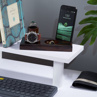 HandicraftViet Single-Slot Watch Stand with Phone Tray: Elegant Timepiece Presentation and Device Organization - A Stylish Addition to Your Space (N01)