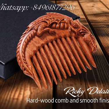 Handicraftviet - Hand-Carved Wooden  Dragon Hair Comb for Men's Hair, Beard, and Mustache, Natural Wood